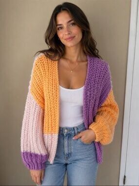 WILD FABLE Colorblock Chunky Knit Open Cardigan Oversized Boho Cozy Whimsical L